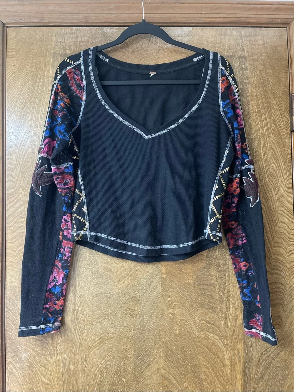 Free People Top Black Floral Embroidered Long Sleeve Crop Small Grunge Floral